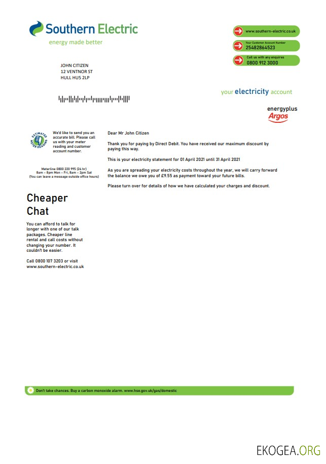 United Kingdom Southern Electric proof of address utility bill template in Word and PDF format